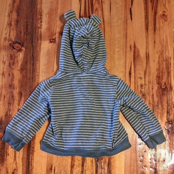 Adorable bear ears zip up jacket, slate blue and white, striped, size 18 mos - Picture 2 of 7